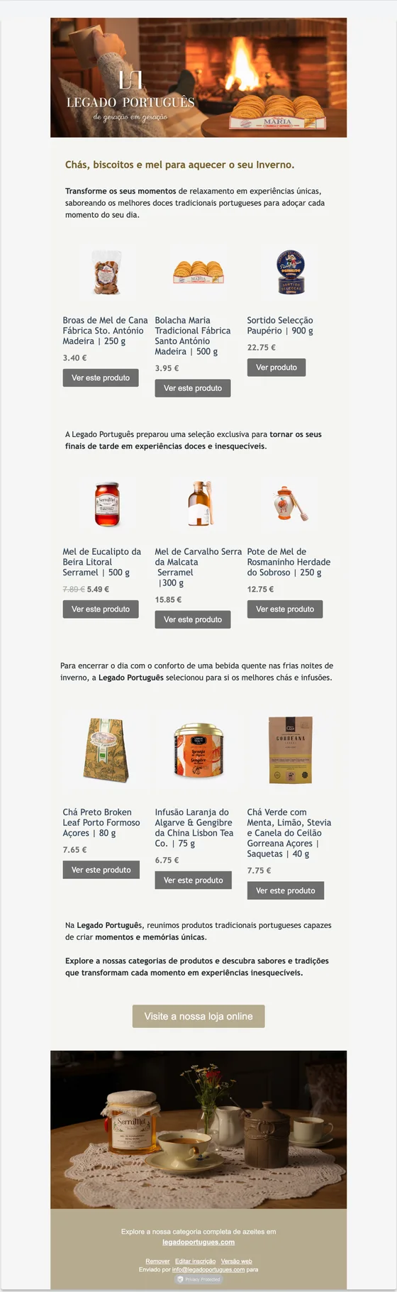 Newsletter do Legado Português com chás, biscoitos e mel para o inverno