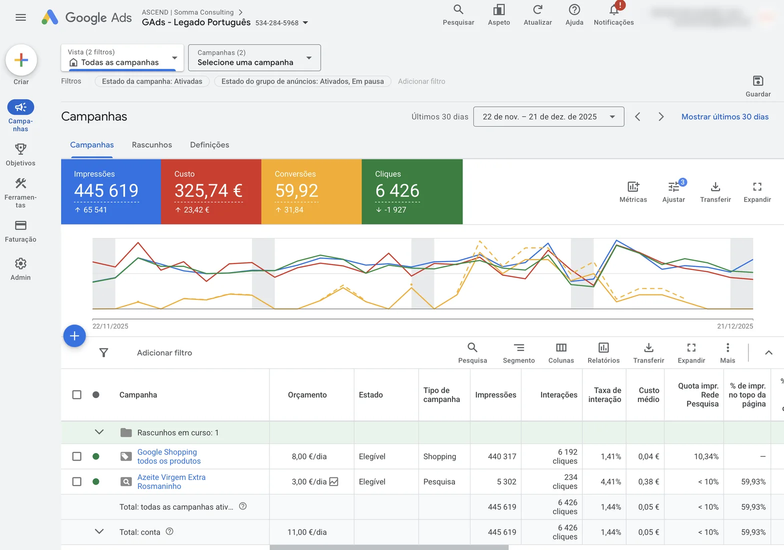 Captura do Google Ads da loja: 445.619 impressões, 325,74 € de custo, 59,92 conversões e 6.426 cliques em 30 dias