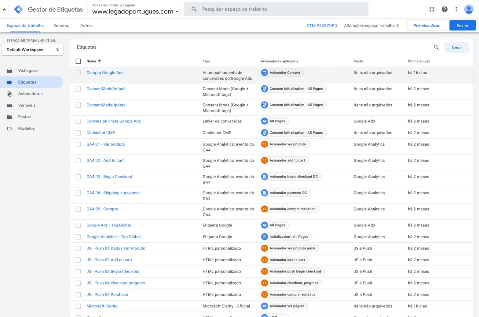 Captura do Google Tag Manager com as etiquetas de ecommerce configuradas para a loja