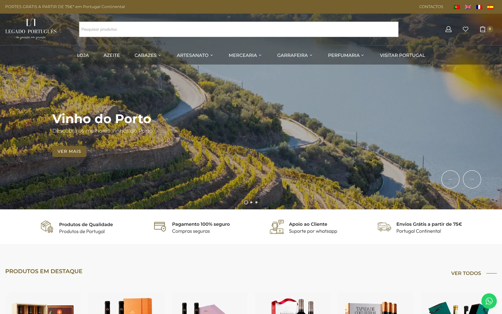Página inicial da loja Legado Português, com cabeçalho, pesquisa, menu de categorias e destaque Vinho do Porto