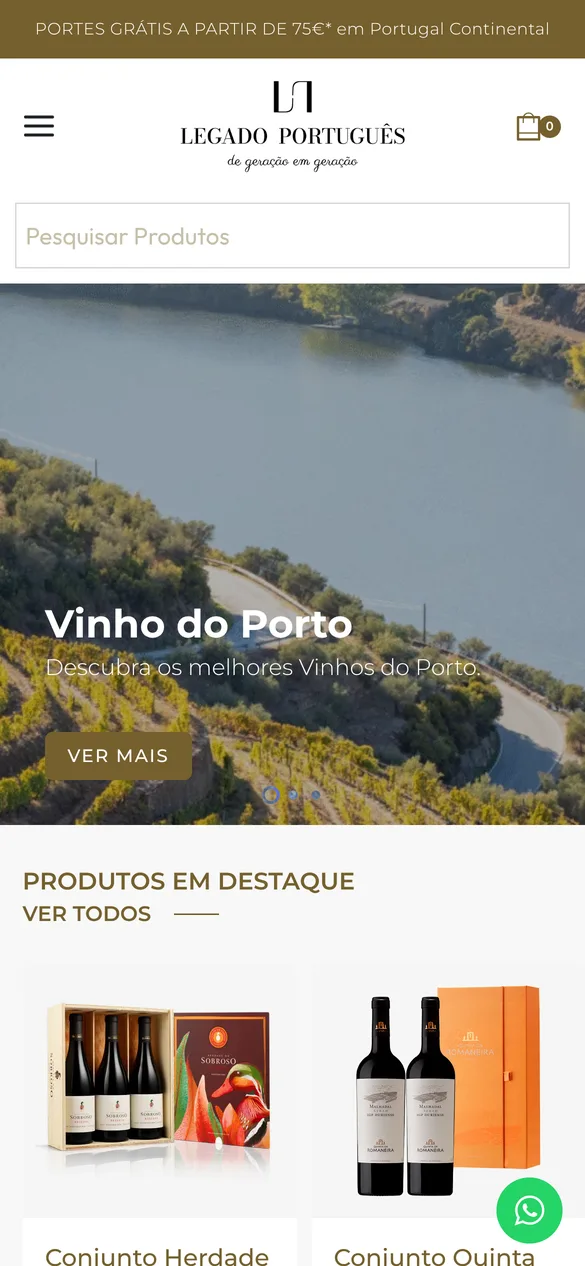 Página inicial no telemóvel