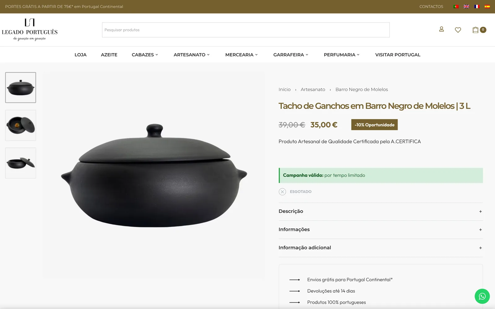 Página de produto do tacho de ganchos em barro negro de Molelos, com preço promocional
